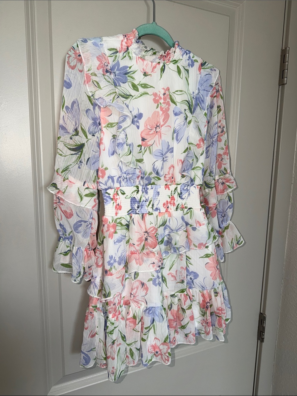 Rare Editions White Floral Ruffle Dress with Pink & Lavender Flowers